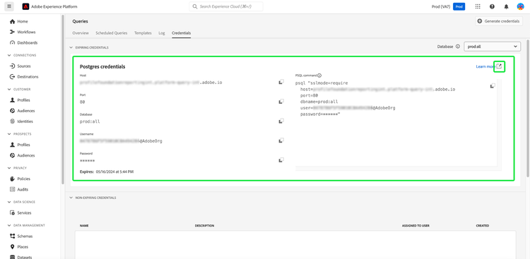 The Queries dashboard with the Credentials tab highlighted.