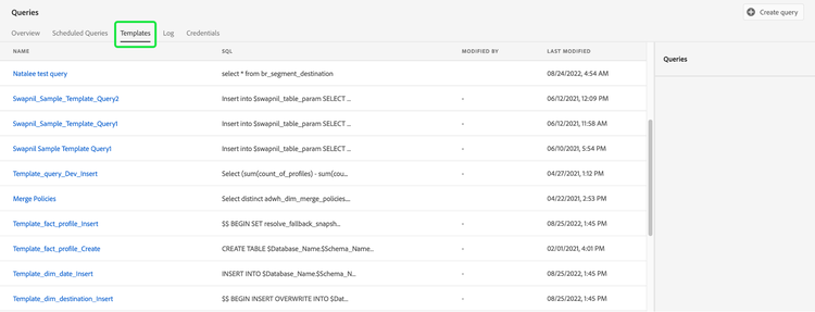 A zoomed in view of the Queries dashboard Templates tab displaying several saved queries.