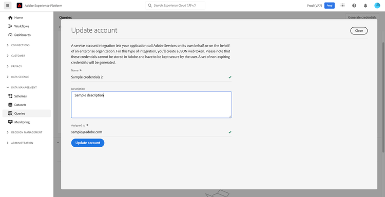 The Update account dialog.