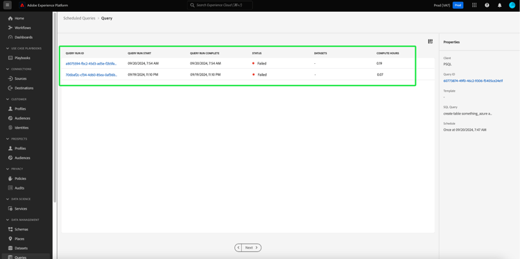 The details section of the Scheduled Queries workspace with a list of query runs highlighted for a scheduled query.