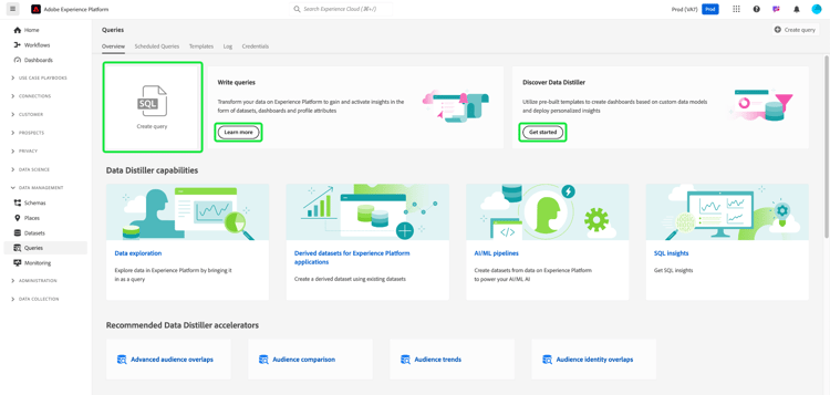 The Query Service workspace with Create query, Learn more, and Get started highlighted.