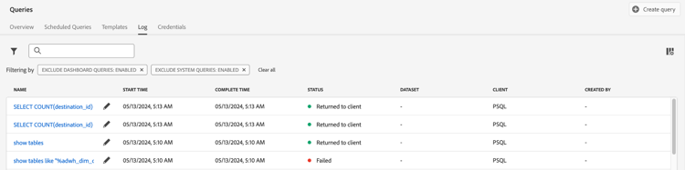 A zoomed in view of the Queries dashboard Log tab displaying a list of queries in reverse chronological order.