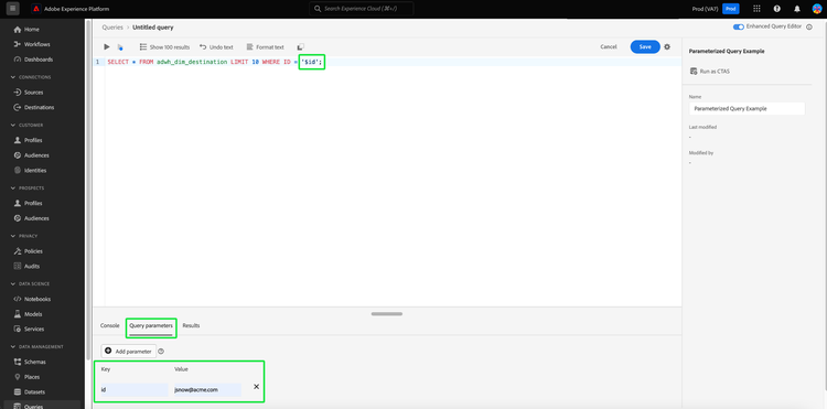 The Query Editor with a parameterized query and the Query parameters section highlighted.