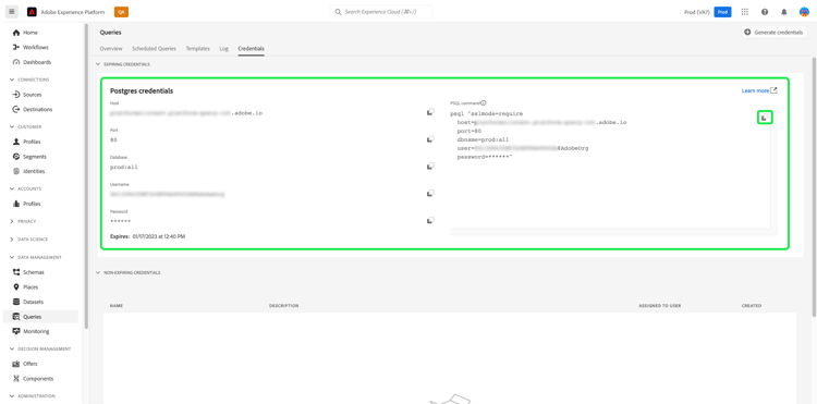 The Credential tab with expiring credentials for Query Service highlighted.