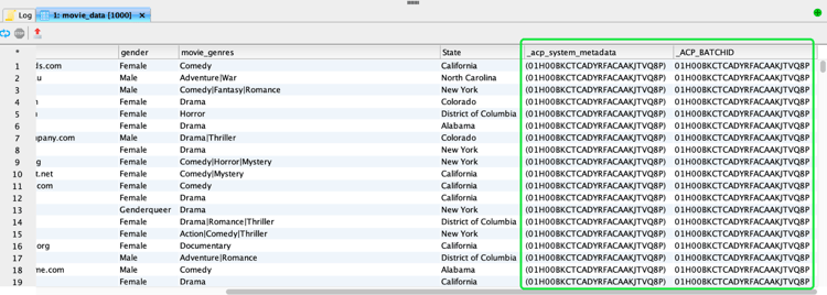 The DBVisualizer UI with the movie_data table and its metadata columns displayed and highlighted.