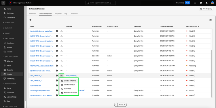 Inline actions highlighted in the Scheduled Queries view.