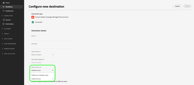 New Select sync type selector highlighted.