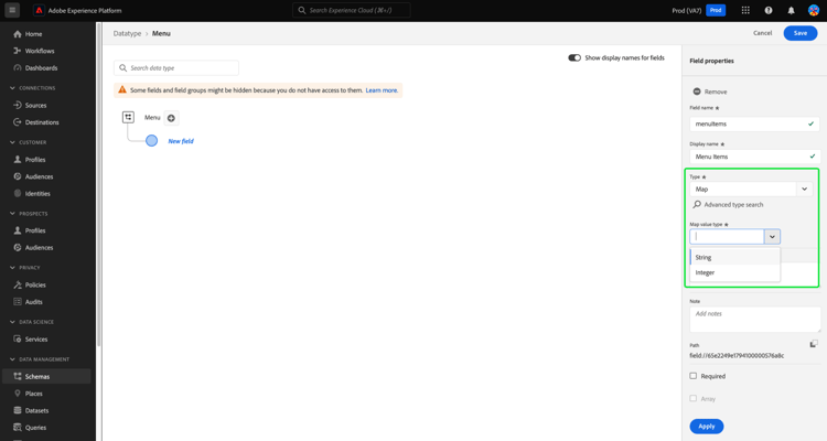 The Schemas Editor with the Type and Map value type fields highlighted.