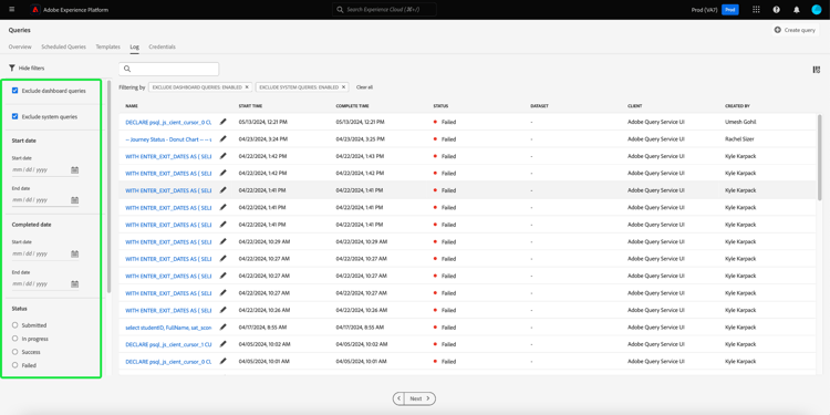 Logs tab in the Queries UI workspace.