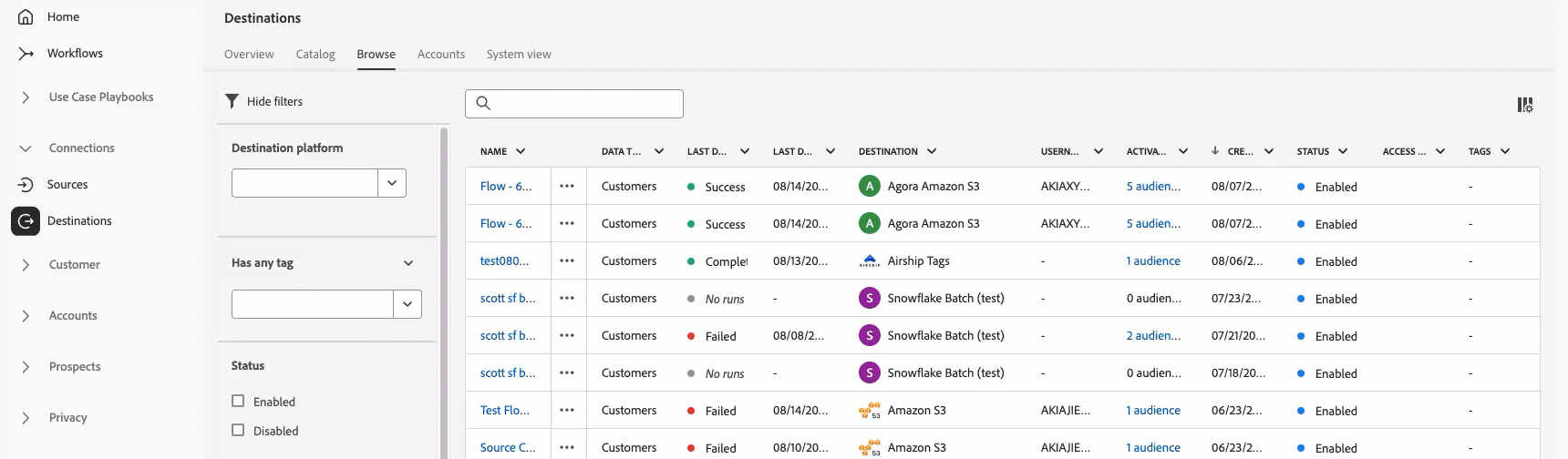 Animated demonstration of searching for a destination dataflow in the Browse tab