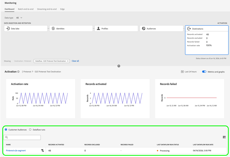 The monitoring dashboard showing the Customer Audiences tab with audience-level activation metrics including records activated, excluded, and failed per audience.