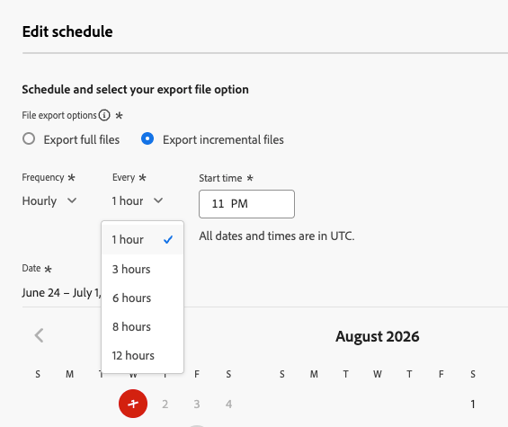 The Every dropdown showing the new 1 hour option for incremental dataset exports.