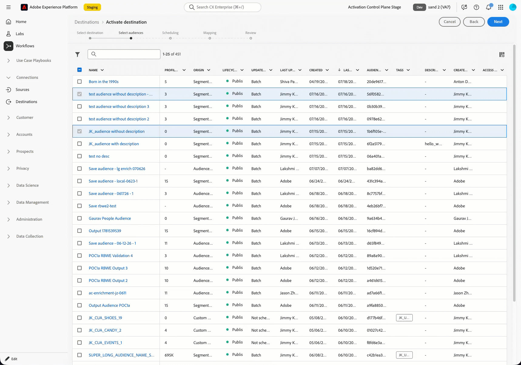 Filtering audiences by evaluation type, namespace origin, and audience tags in the Select audiences step.