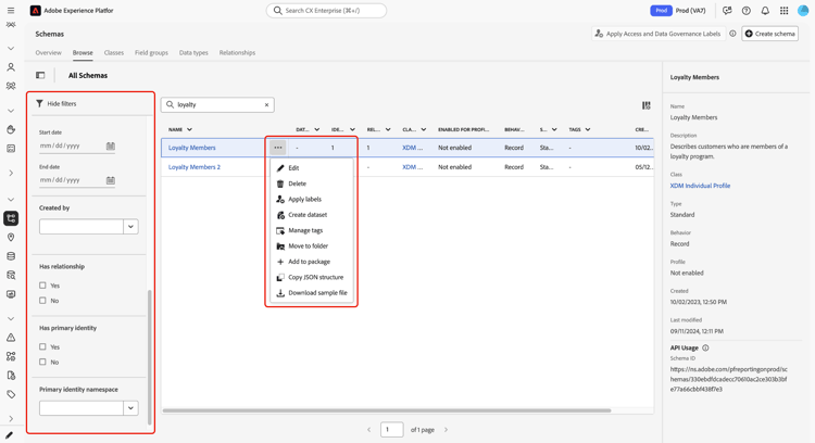 The Schemas browse page with filtering options, schema metadata columns, schema details, and inline actions for common schema management tasks.