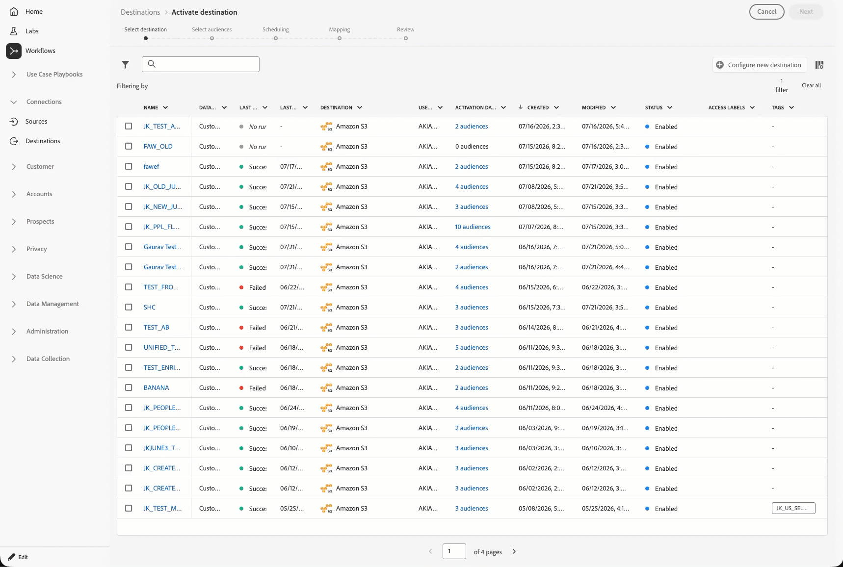 Searching for a destination or dataflow by flow name in the Select destination step.