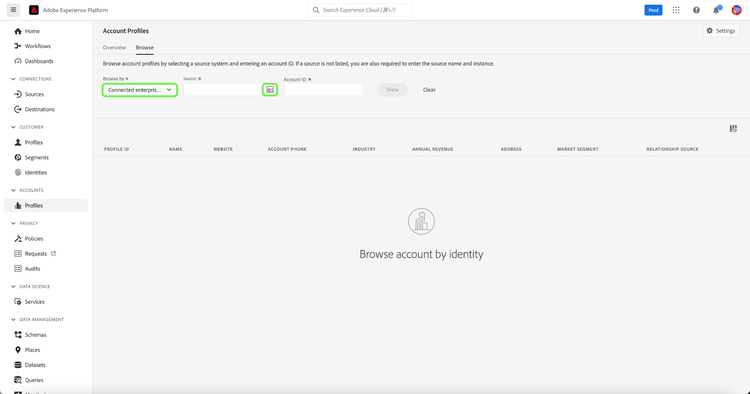 Browse account profiles by connected enterprise source