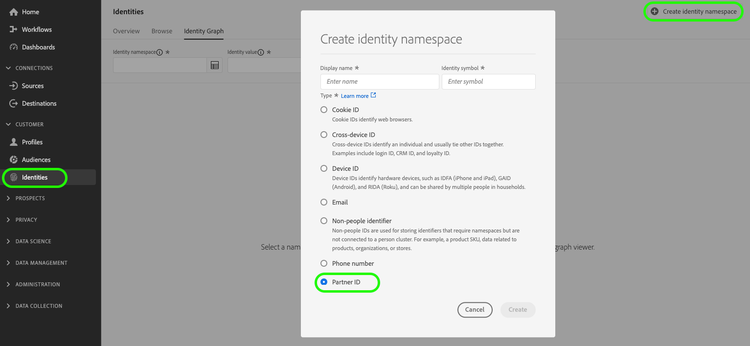 The Create identity namespace dialog with partner ID highlighted.