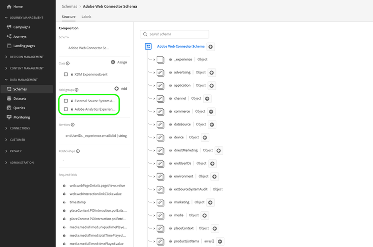 Adobe web connector schema with field groups highlighted