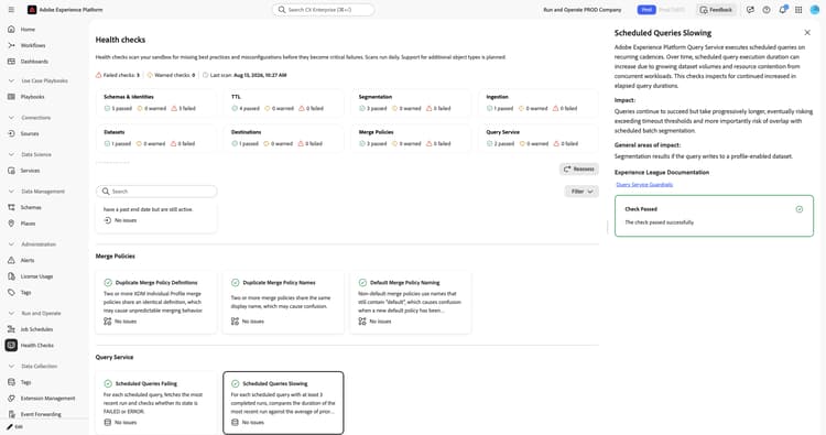 Scheduled Queries Slowing detail panel showing description, impact, general areas of impact, and Check Passed confirmation