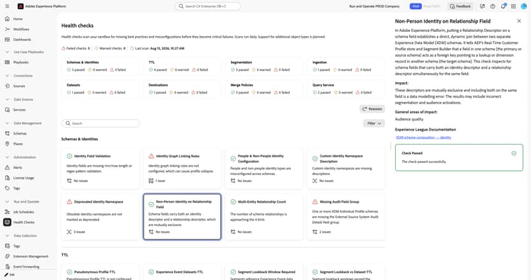 Non-Person Identity on Relationship Field detail panel showing description, impact, and Check Passed confirmation