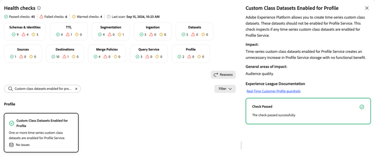 Custom Class Datasets Enabled for Profile detail panel showing description, impact, and general areas of impact