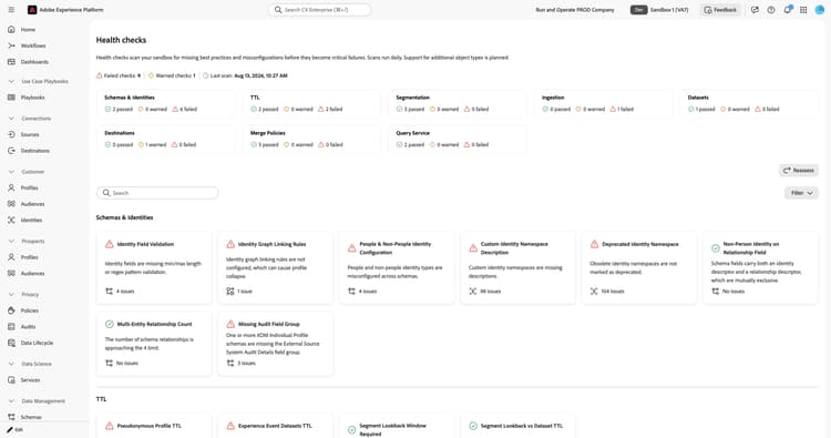 Health checks dashboard showing objects evaluated, scan results, and identified issues