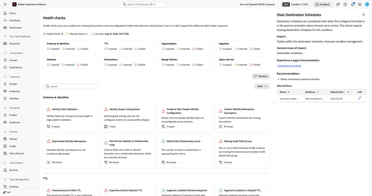 Stale Destination Schedules detail panel showing description, impact, recommendation, and affected flows