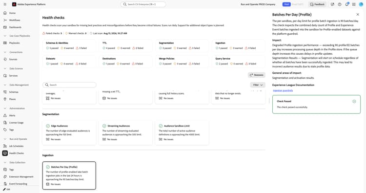 Batches Per Day (Profile) detail panel showing description, impact, general areas of impact, and Check Passed confirmation