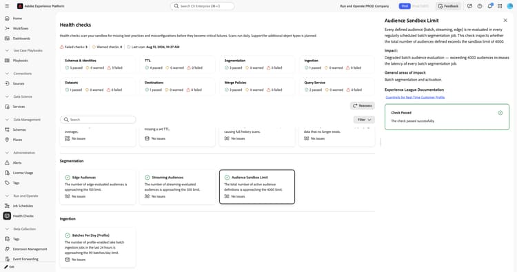 Audience Sandbox Limit detail panel showing description, impact, general areas of impact, and Check Passed confirmation