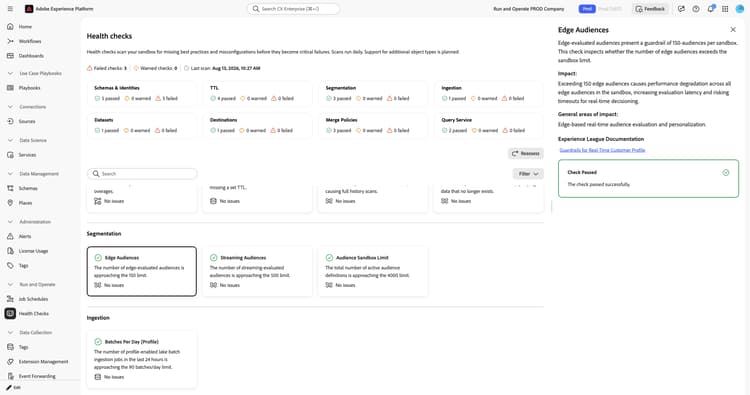 Edge Audiences detail panel showing description, impact, general areas of impact, and Check Passed confirmation