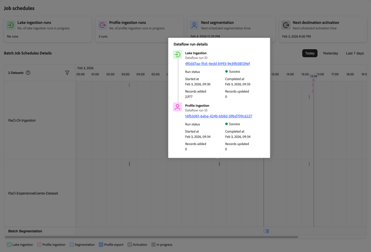 The dataflow run details panel showing execution information for a specific job run.