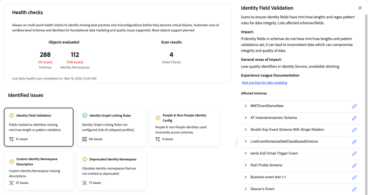 Identity Field Validation detail panel showing description, impact, and affected schemas
