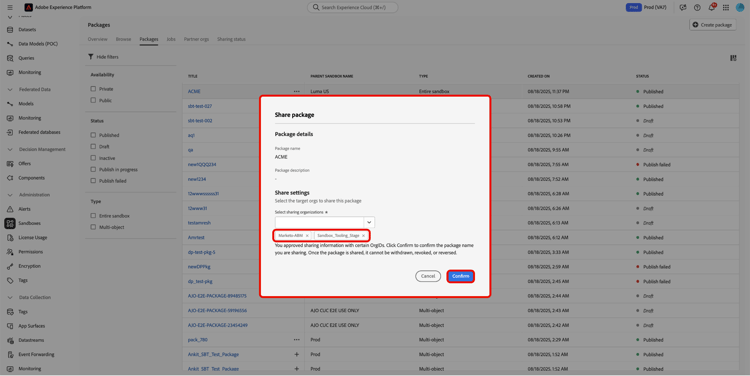 Share package dialog with Share settings and Confirm highlighted.