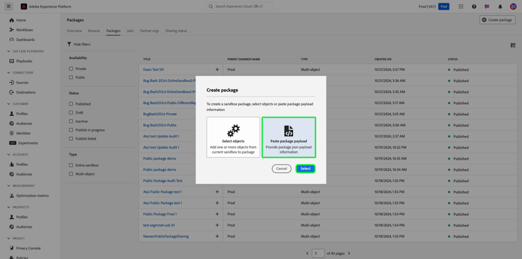 Create package dialog with paste package payload selected and Select highlighted.