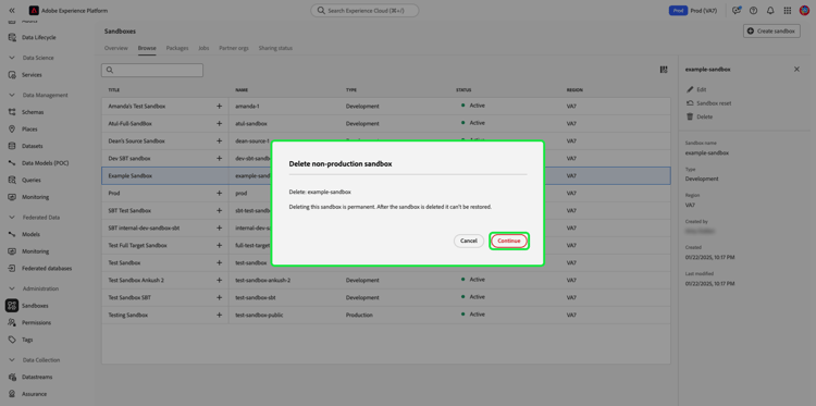 The delete dialog is displayed with the continue option highlighted.