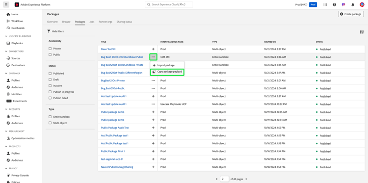 The Sandboxes UI showing a individual packages dropdown menu with Copy package payload highlighted.