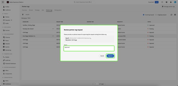 Review partner org request dialog with Reason and Approve highlighted.