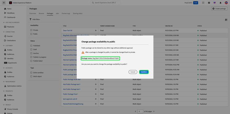 Change package availability to public dialog with Confirm highlighted.