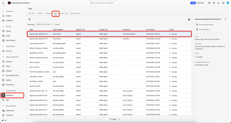 The jobs tab showing a list of jobs.
