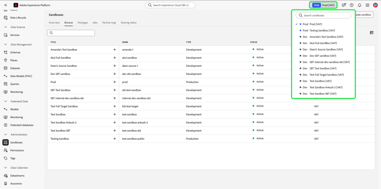 The sandbox indicator dropdown menu is displayed, showing a list of sandboxes you have access to.