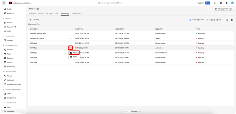 List of incoming requests showing the dropdown menu with Approve highlighted.