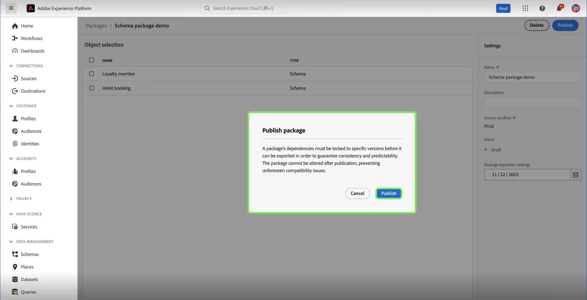 Publish package confirmation dialog, highlighting the Publish option.