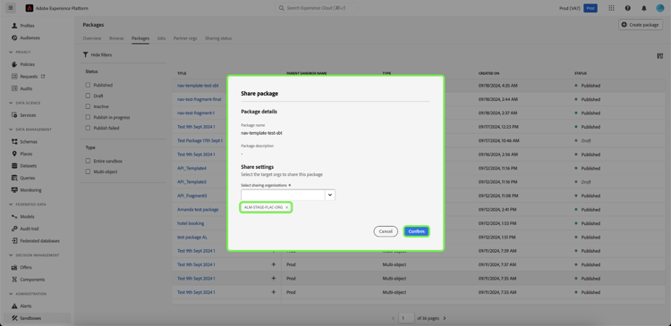 Share package dialog with Share settings and Confirm highlighted.