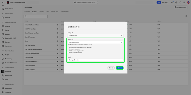 The Create sandbox dialog with the Name and Titled filled in and the Create option highlighted.