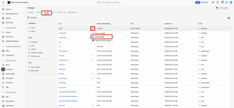 Packages tab showing a list of packages, showing the drop down menu.