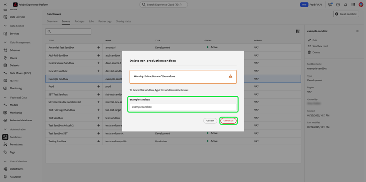 The delete dialog with the confirm name field and continue option highlighted.