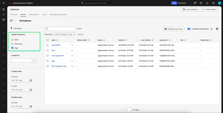 The Edge update frequency is selected, displaying all audiences in the organization that are evaluated using edge segmentation.