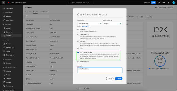 The Non-person identifier is highlighted on the Create identity namespace modal.