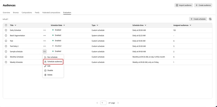 The Schedule audiences button is highlighted.