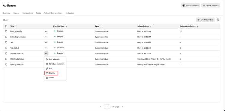 The Disable schedule button is highlighted.